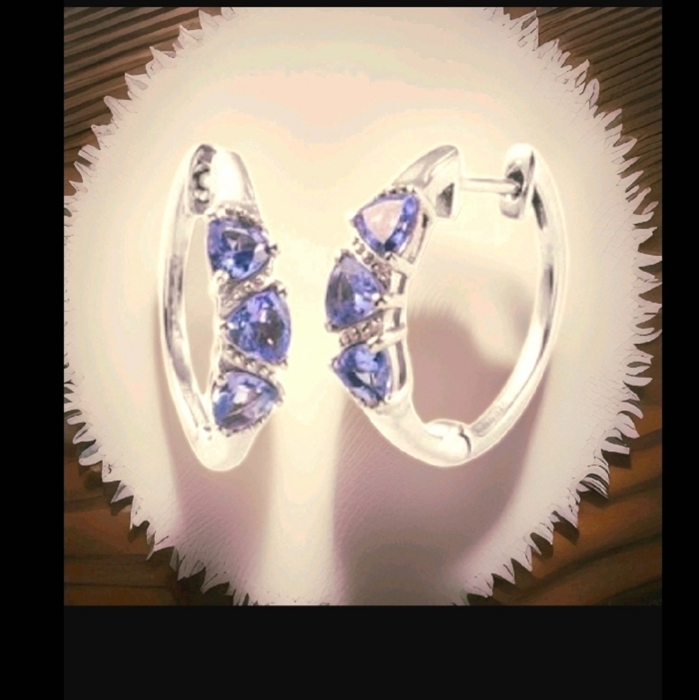 Platinum Sterling Silver Tanzanite Trilogy Hoop Earrings